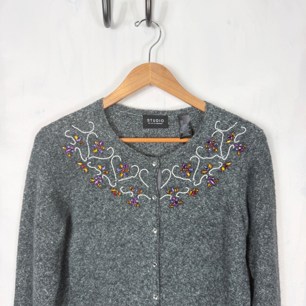 Vintage Studio Liz Claiborne Cardigan 80's/90's Grey Beaded Wool Blend Women's L